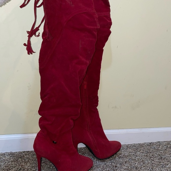 Womens De Blossom Collection Over The Knee Red Heeled Boots - Picture 1 of 9